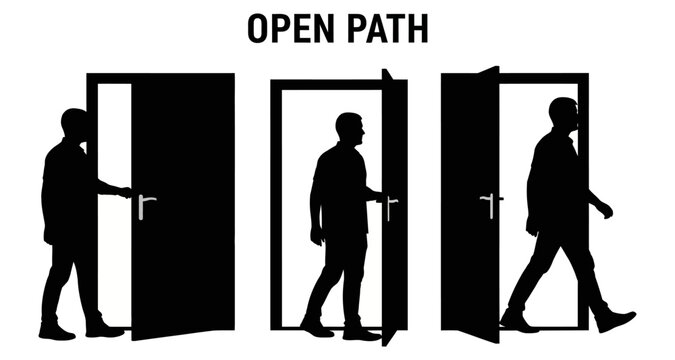 Silhouette man walking through open doors representing new opportunities and choices
