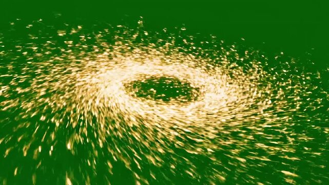 Explosion of golden sparks in a swirling, abstract pattern against a dark green background.