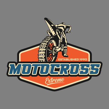 Motocross Extreme Sport Emblem with Rider on Dirt Bike Vector Design