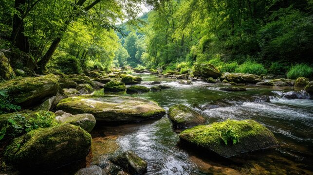 Vibrant Stream of Natural Spring Water Cascading Over Mossy Rocks in a Lush Green Forest Landscape