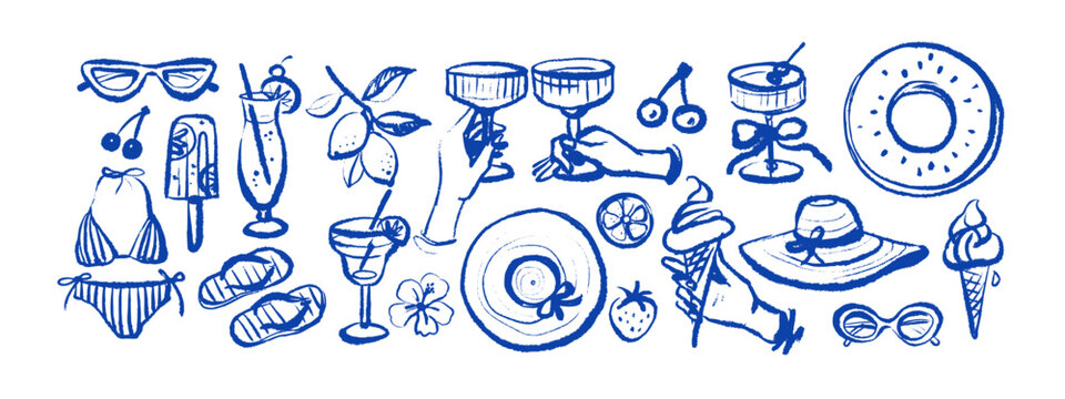 Hand drawn crayon tropical set. Dolce vita summer vibe. Vintage Italy Mediterranean coastal vacation poster. Vector sketch isolated illustration