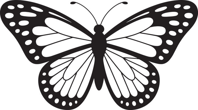Black and white minimalist of a monarch butterfly with open wings and patterned details