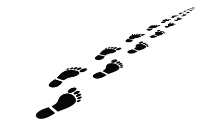 A stark winding trail of human footprints stretches across a bright white background suggesting a journey or path forward a striking silhouette high quality © rsvect02