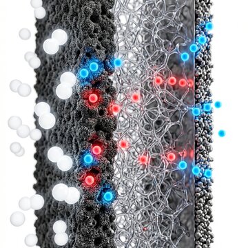 Microscopic Section of a Layered Battery Component with Flowing Particles, 3D Render