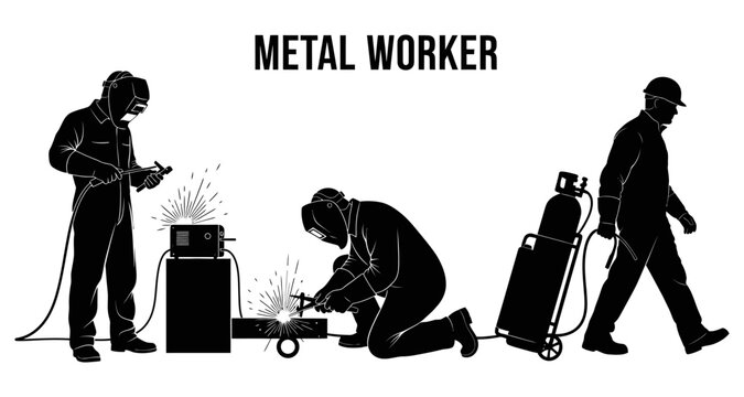 Silhouettes of welders with equipment for industrial construction and manufacturing