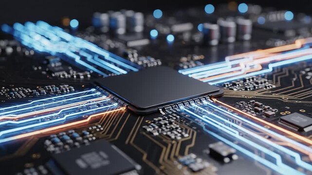Closeup of glowing circuit board for tech concepts, digital marketing, and scientific projects