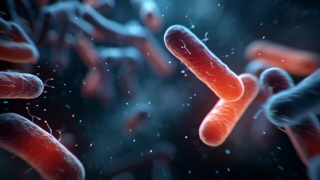 Microscopic view of rod-shaped bacteria cells under magnification.
