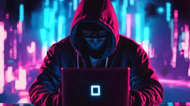 A hacker in a hooded jacket works on a laptop surrounded by bright neon lights in a dark environment. Cybersecurity concept