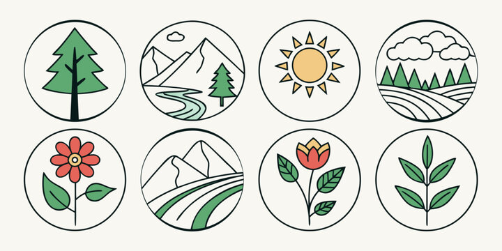 Circular icons of nature and landscape scenes: pine tree river sun fields flowers with mountains landscape agriculture environment wildlife background collection
