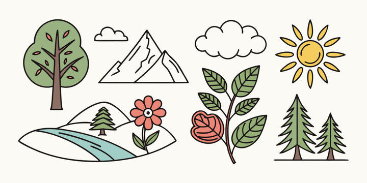 Doodle elements representing nature and landscape: tree hills river flower pine trees sun with illustration landscape environment wildlife background mountain
