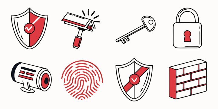 Security and surveillance icon set featuring shields surveillance camera key padlock fingerprint and firewall security surveillance fingerprint firewall protection biometric technology