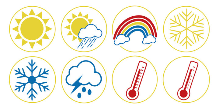 Collection of weather forecast icons featuring sun rain rainbow snowflake lightning thermometer symbols forecast snowflake lightning thermometer temperature meteorology environment atmosphere