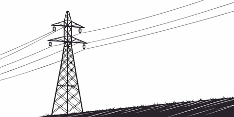 Fototapeta premium High voltage electricity pylon and power lines illustration with electricity transmission infrastructure electric industrial silhouette engineering distribution technology structure