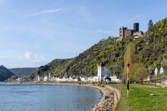 scenic view to city of St. Goarshausen island of  in the middle Rhine valley in Germany