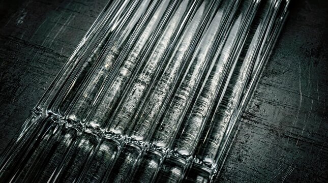 Industrial Glass Tubes: An intriguing close-up of parallel glass tubes, their crystalline forms gleaming against a textured, industrial backdrop. A symphony of textures and subtle light play.
