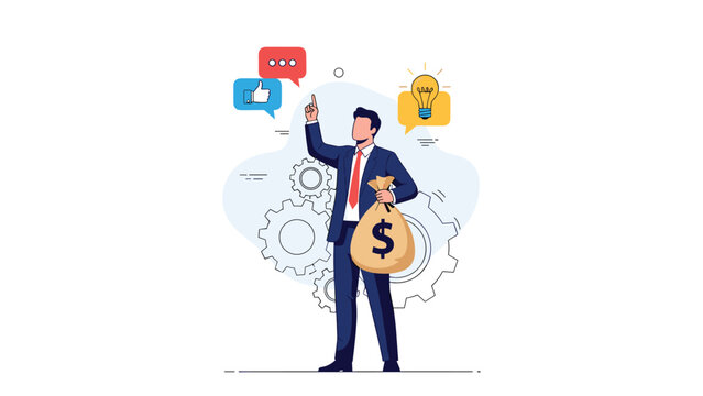 Businessman holding a money bag with a lightbulb, thumbs-up, and speech bubble, surrounded by gears, symbolizing monetizing ideas and operational success.