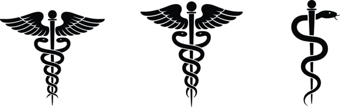 Caduceus and Rod of Asclepius Medical Symbols Black Icons Keywords: caduceus, rod of asclepius, medical symbol, healthcare