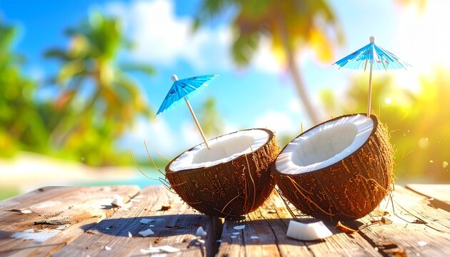 A tropical lifestyle digital illustration of two halves of a coconut placed on a wooden surface, with small pieces of coconut scattered around them. A small blue cocktail umbrella is inserted into one