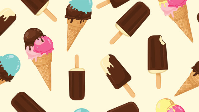 Seamless pattern featuring a delightful assortment of ice cream cones and popsicles, perfect for summer dessert themes.