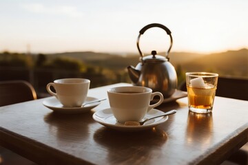 Fototapeta premium Tea set on a wooden table with a teapot, cups, and a glass of juice at sunset