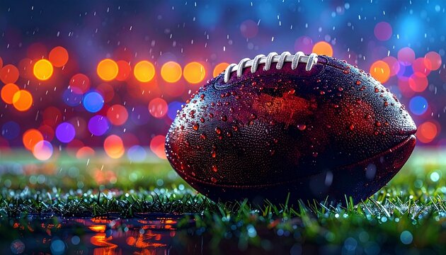 A dynamic sports digital illustration of an American football resting on a wet surface, with visible water droplets glistening on the ball&rsquo;s leather texture. The football features white laces and stit