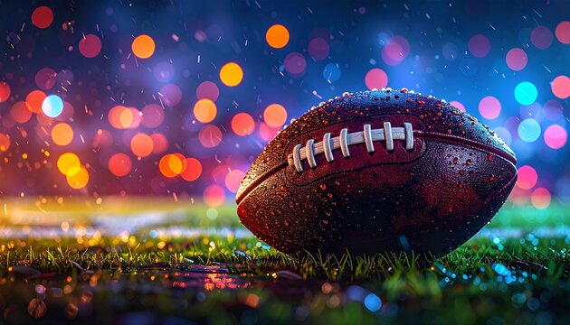 A dynamic sports digital illustration of an American football resting on a wet surface, with visible water droplets glistening on the ball&rsquo;s leather texture. The football features white laces and stit