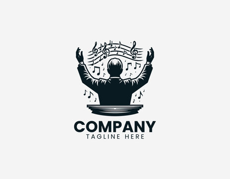 Music conductor leading orchestra with raised hands is illustrated in clean elegant black vector logo style on white background