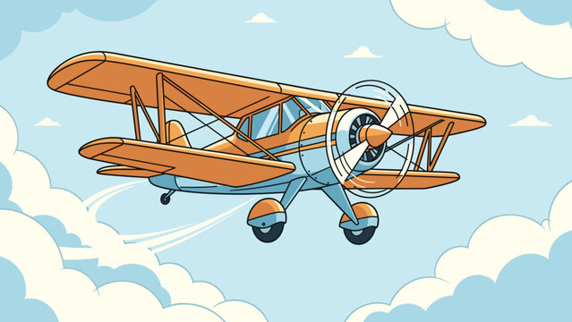A classic vintage biplane gracefully soars through a serene blue sky, surrounded by soft, fluffy white clouds, evoking nostalgic travel.