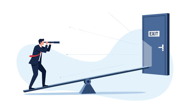 A strategic businessman observes an exit door through a telescope while balancing on a seesaw, symbolizing cautious decision-making and seeking solutions.