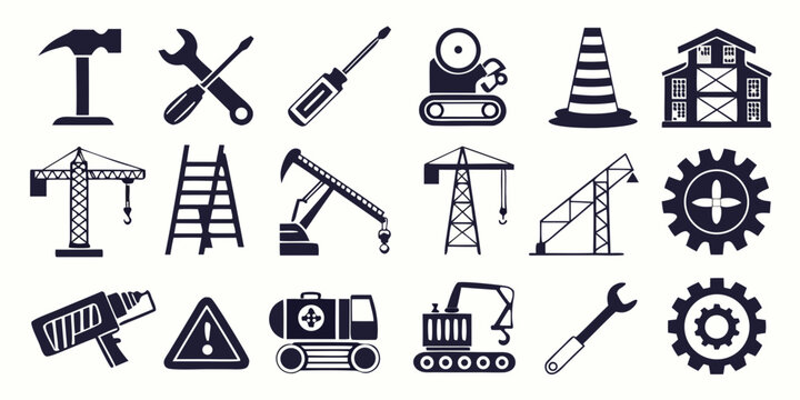 Set of construction and industrial icons including tools and heavy machinery with hard hat construction industry machinery screwdriver excavator equipment industrial maintenance engineering