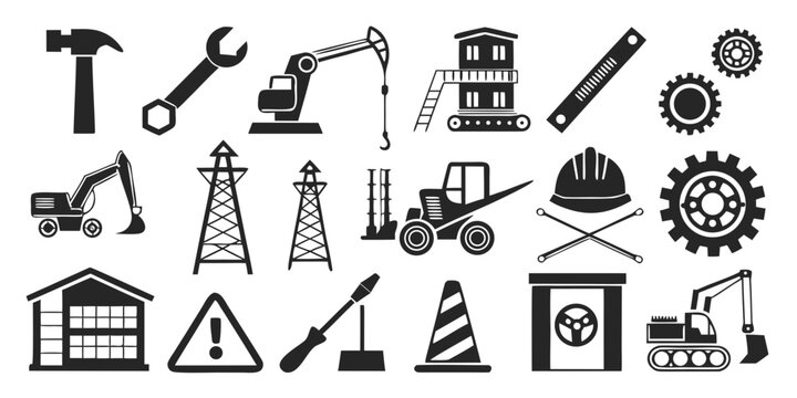 Collection of construction industry icons featuring heavy machinery tools and site safety gear construction industry machinery equipment engineering excavator industrial maintenance building