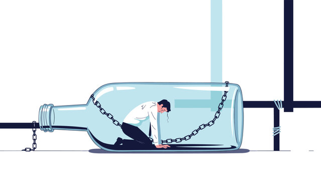 A distressed businessman is tragically chained inside a glass bottle, symbolizing extreme confinement, stress, and feeling utterly trapped.