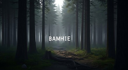 Fototapeta premium Mysterious Forest Path with BAMHIE Text Overlay - A Tranquil Escape.