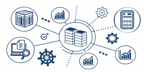 Central database system with connected business data and analytics icons database analytics business management information connection statistics settings computer research optimization © AC
