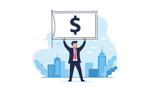 A confident businessman proudly holds a large flag adorned with a dollar sign, symbolizing ambitious financial goals and wealth-focused business.