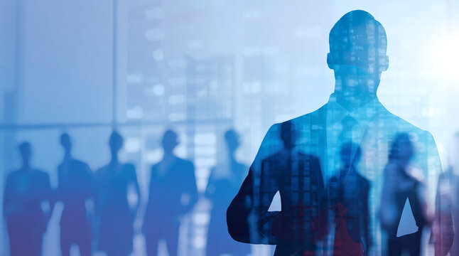 Abstract business leader silhouette stands prominently in a blue modern corporate environment with a team