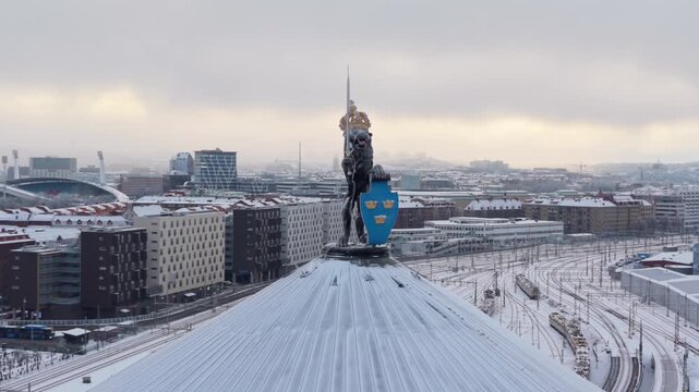Aerial view of Skansen Kronan in winter, a stone fortress with snow-covered rooftops and tracks, a picturesque scene, Goteborg, Vastra Gotalands lan, Sweden.