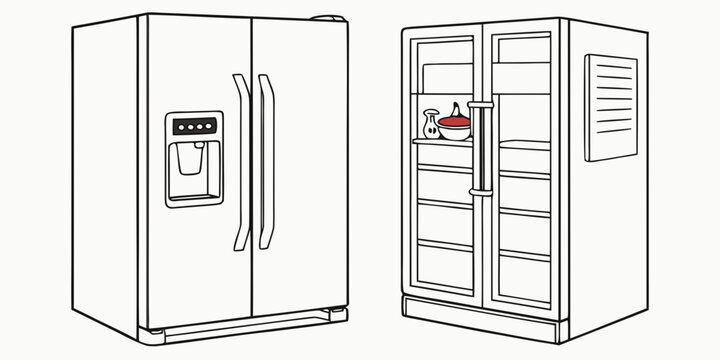 Line art drawing of two refrigerators including one with food inside refrigerator appliance household equipment illustration vegetables dispenser technology lifestyle interior preservation