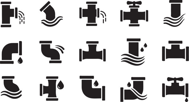 Black and white plumbing symbols and icons set