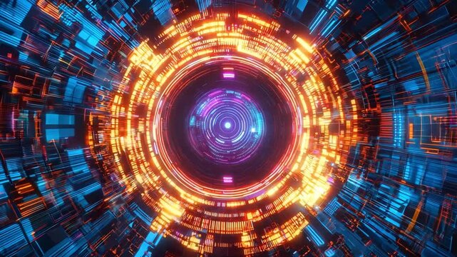 A digital tunnel displays bright colors and light effects while expanding outward, creating a dynamic visual effect in a technological setting