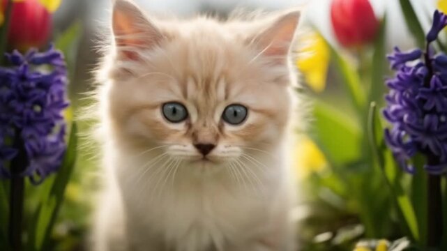 Cute kitten in colorful spring flowers