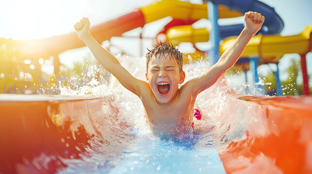 A happy boy slides down a water slide at a water park on a summer day