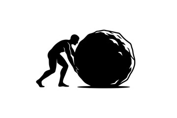 Perseverance in Action: A silhouette of a determined individual straining to push a massive boulder uphill. © MetaPixel Studio