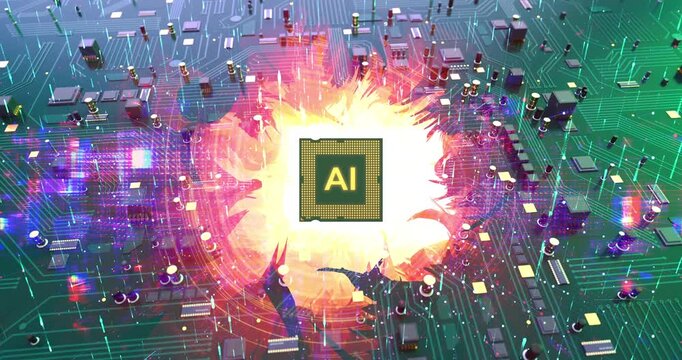 3D render of a computer chip with artificial intelligence symbol. AI Technology Related 3D Computer Animation.