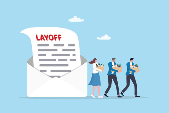 Layoff job reduction, unemployment or employee fired problem, staff redundant downsizing, cut job position or labor head count, fired business people employees walk with layoff email.