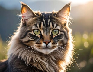 Obraz premium Majestic long-haired tabby cat portrait, golden light. Green eyes & striking markings. Soft background