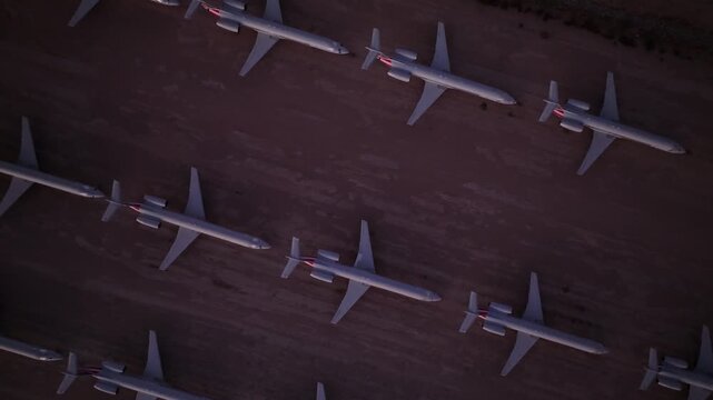 Tucson, United States - 07 April 2026: Aerial view of multiple planes parked in rows on the brown desert ground, creating a symmetrical pattern.