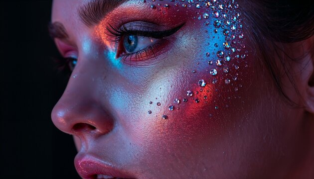 Extreme macro half-profile portrait with metallic gradient makeup. Small rhinestones along cheekbone and temple, surreal neon light reflections, photorealistic fashion macro.