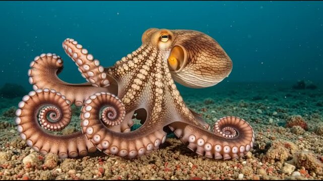 Incredible Octopus with Curled Tentacles Resting on Seabed