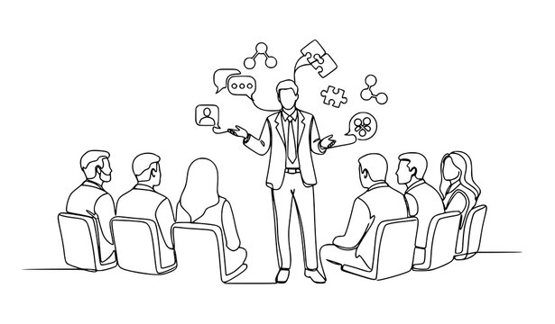 Continuous one line drawing of business trainer teaching life and interpersonal skills to young CEOs in modern meeting scene